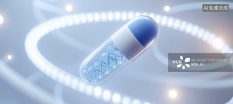 【AI数字艺术】胶囊药物在光圈环绕中悬浮图片素材