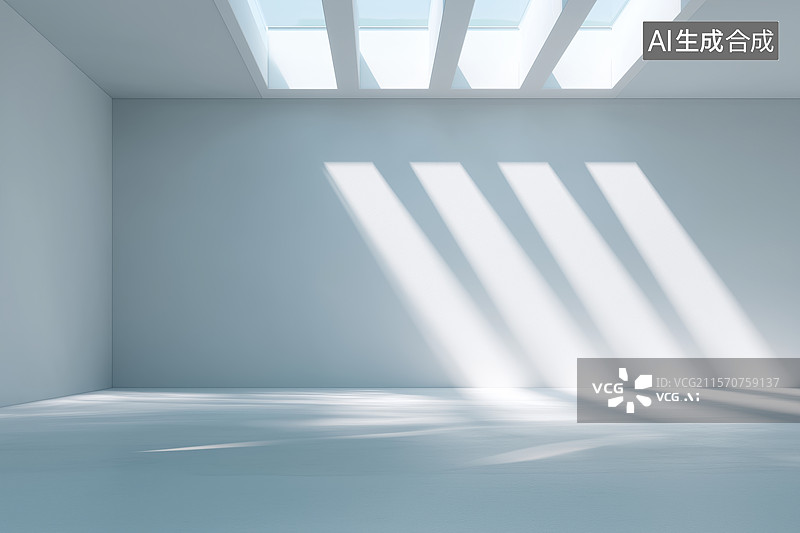【AI数字艺术】空旷的白色房间，阳光透过天窗洒入图片素材