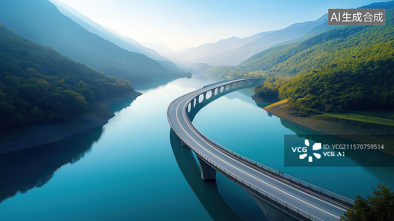 【AI数字艺术】蜿蜒桥梁横跨宁静湖面图片素材