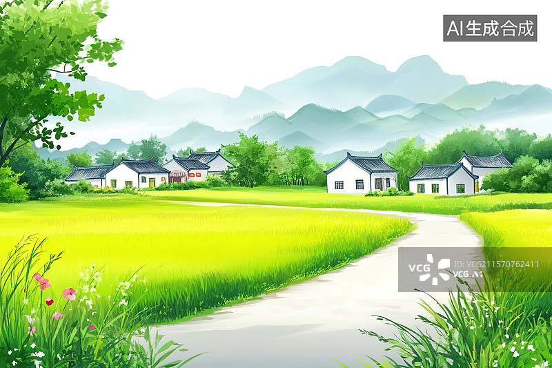 【AI数字艺术】乡村田间小路风景插画图片素材