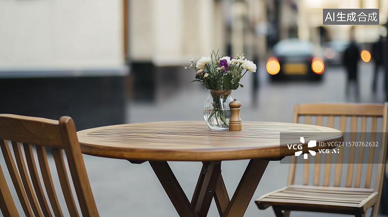 【AI数字艺术】户外咖啡厅桌上的花瓶特写镜头图片素材