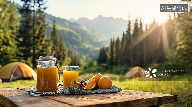 【AI数字艺术】户外野餐桌上饮品的特写图片素材