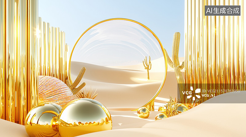 【AI数字艺术】3D金属拱门沙漠旷野仙人掌华丽产品展台场景抽象现代高级感轻奢氛围感金色背景图片素材