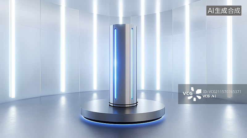 【AI数字艺术】科幻风智能空气净化器：未来极简室内的冷蓝科技图片素材