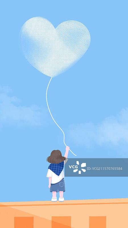 小女孩站在楼顶望着天空图片素材