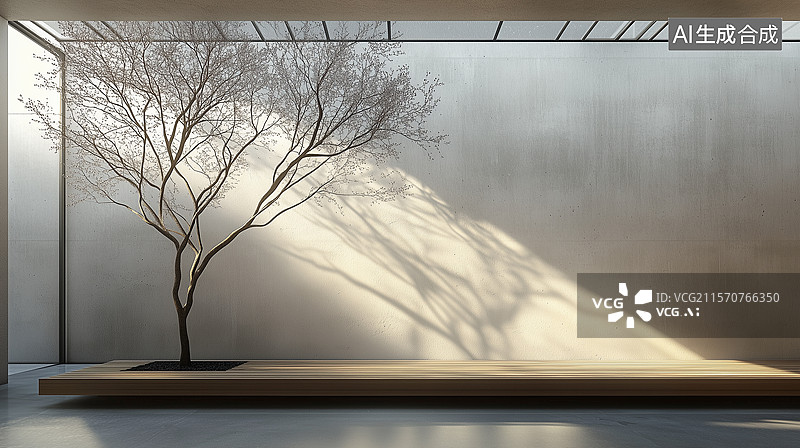 【AI数字艺术】现代侘寂风建筑：冬日树影与柔和光影的交融图片素材