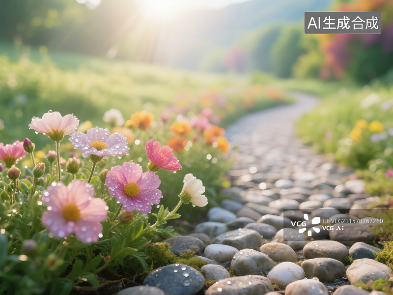 【AI数字艺术】晨光下的花园小径与露珠花卉图片素材