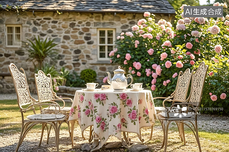 【AI数字艺术】玫瑰园下午茶时光图片素材