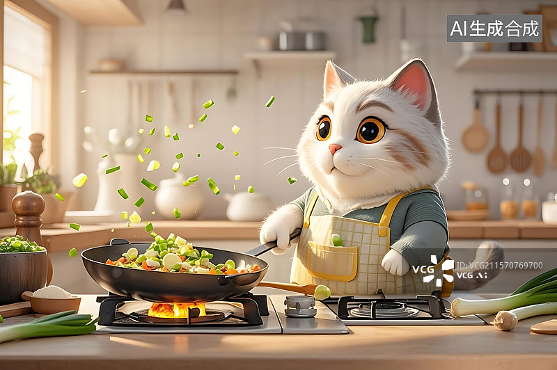 【AI数字艺术】猫咪厨师炒菜图片素材