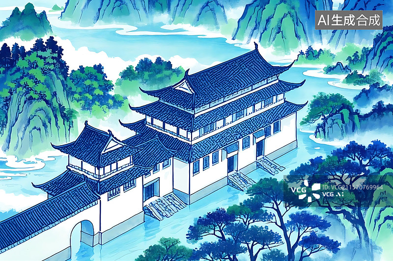 【AI数字艺术】水墨江南水乡古建图片素材