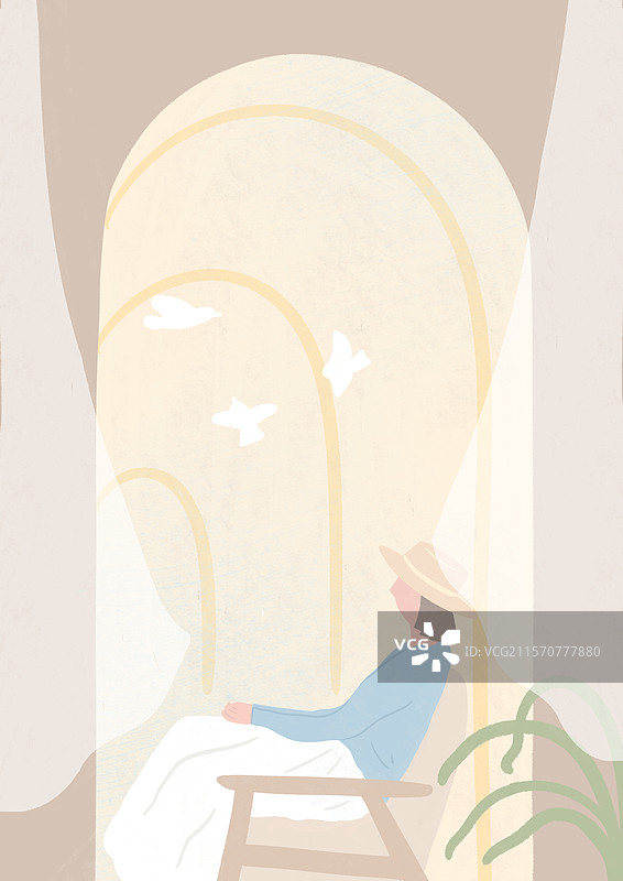 坐在窗边思考的人风景插画图片素材