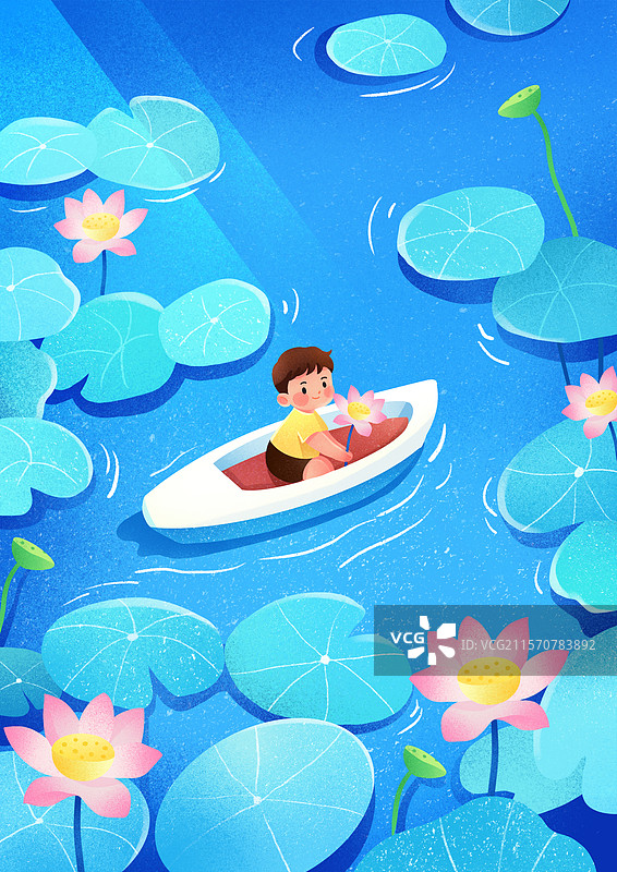 孩童泛舟于荷花莲叶间图片素材