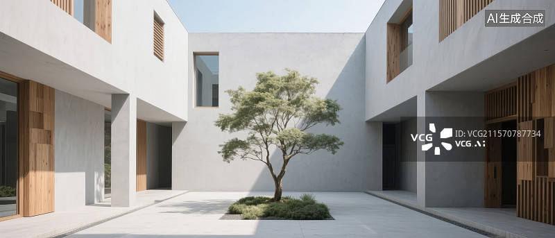 【AI数字艺术】现代建筑庭院中的孤树图片素材