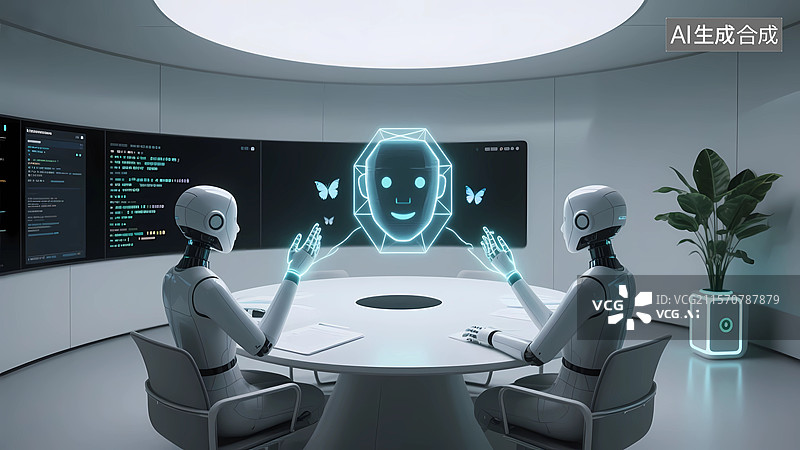 【AI数字艺术】科技感智能交互AI虚拟助手圆桌会议机器人图片素材