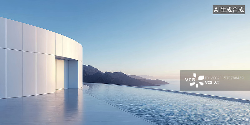 【AI数字艺术】现代建筑与无边泳池的宁静景观图片素材