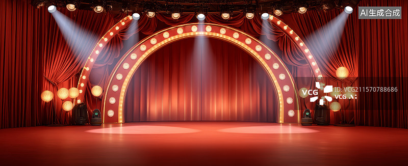 【AI数字艺术】华丽舞台灯光下的红色幕布图片素材