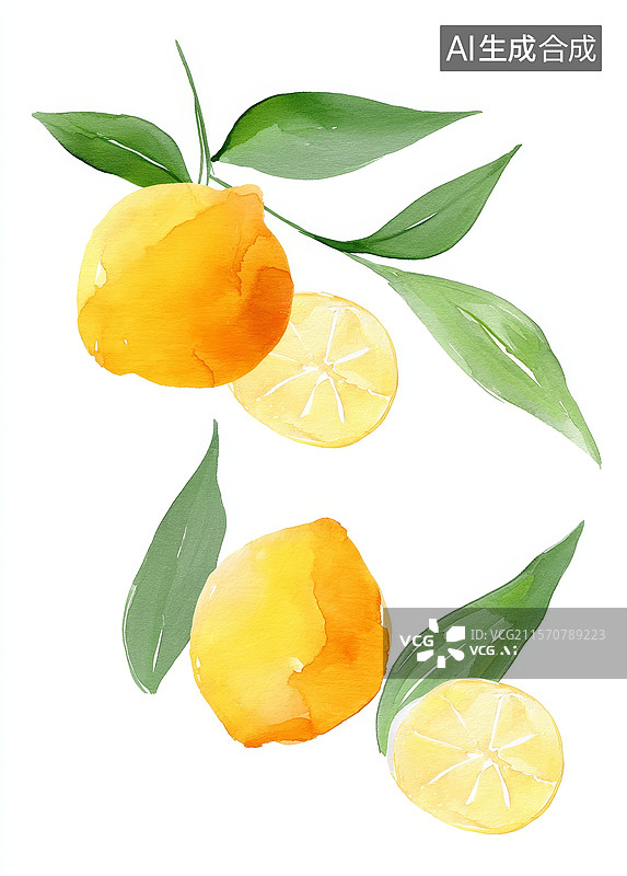 【AI数字艺术】柠檬与绿叶的水彩插画图片素材