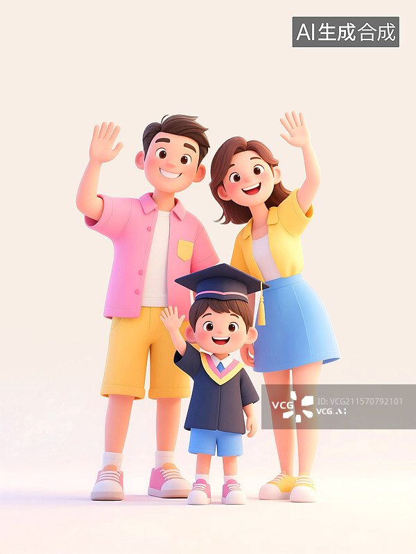 【AI数字艺术】3D三维C4D一家三口父母孩子儿童节母亲节父亲节全家福幸福快乐相伴关爱成长育儿幼儿园毕业季学位帽图片素材
