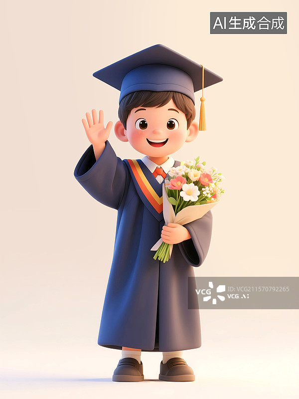 【AI数字艺术】3D三维C4D一个人男生男孩男性抱着一束花庆祝毕业典礼学位帽教育成长校园幸福快乐图片素材