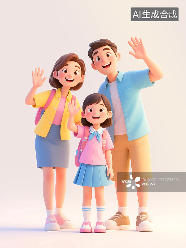 【AI数字艺术】3D三维C4D一家三口父母孩子儿童节母亲节父亲节全家福幸福快乐相伴关爱成长育儿开学季上学亲子教育图片素材