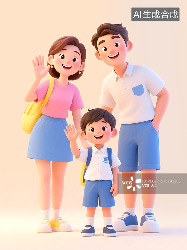【AI数字艺术】3D三维C4D一家三口父母孩子儿童节母亲节父亲节全家福幸福快乐相伴关爱成长育儿开学季上学亲子教育图片素材