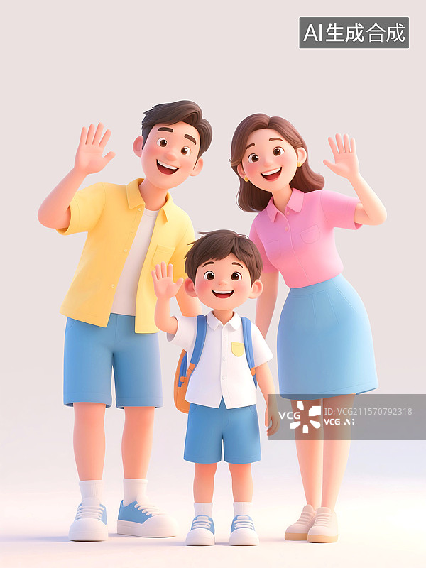【AI数字艺术】3D三维C4D一家三口父母孩子儿童节母亲节父亲节全家福幸福快乐相伴关爱成长育儿开学季上学亲子教育图片素材
