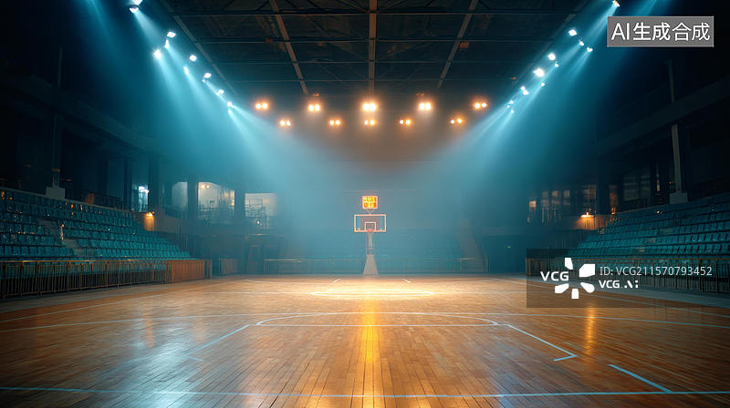 【AI数字艺术】灯光下的空旷篮球场图片素材
