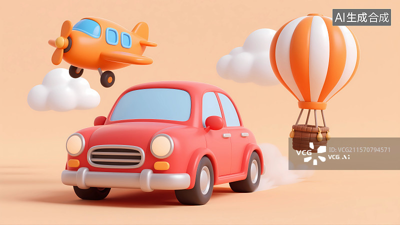 【AI数字艺术】汽车热气球飞机假期出游3D卡通插画图片素材