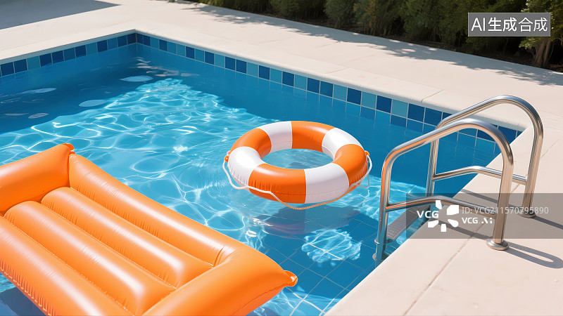【AI数字艺术】夏日泳池与游泳圈3D插画图片素材