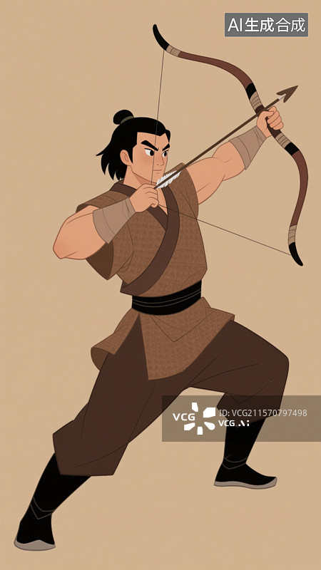 【AI数字艺术】武侠故事郭靖古风男子中国风汉服拉弓射箭形象插画图片素材