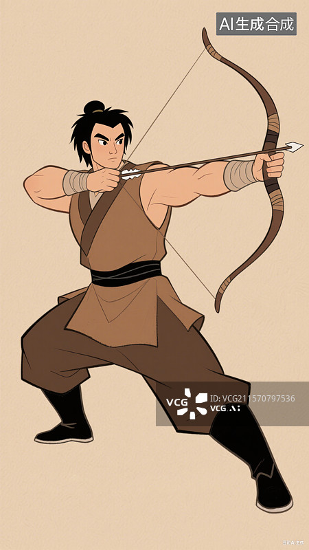 【AI数字艺术】武侠故事郭靖古风男子中国风汉服拉弓射箭形象插画图片素材