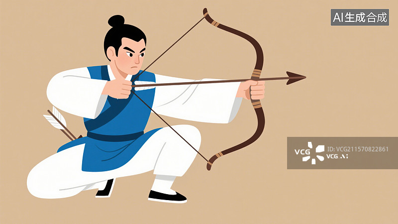 【AI数字艺术】武侠故事郭靖古风男子中国风汉服拉弓射箭形象插画图片素材