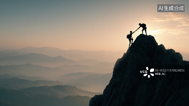 【AI数字艺术】两人在山顶互相帮助图片素材