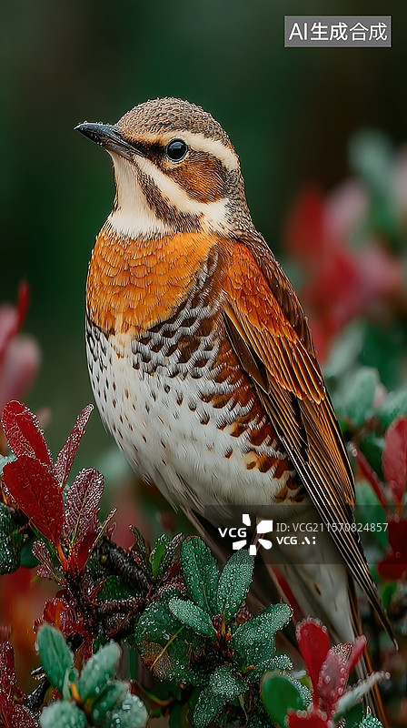 【AI数字艺术】橙胸白喉鸟栖息于红叶丛中图片素材