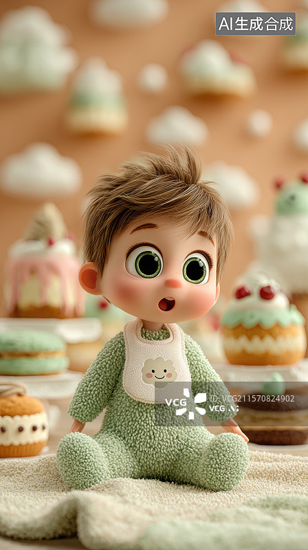 【AI数字艺术】卡通婴儿坐在甜点背景中图片素材