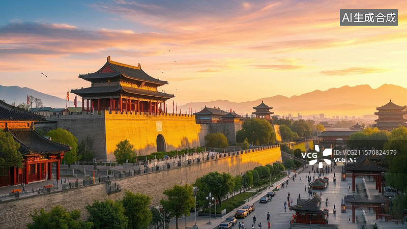 【AI数字艺术】古城墙与传统建筑在夕阳下的美景图片素材