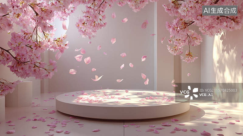 【AI数字艺术】樱花花瓣飘落的圆形平台图片素材