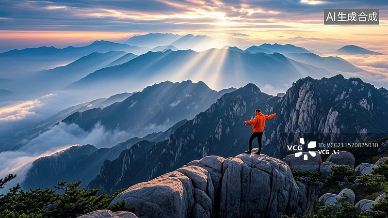 【AI数字艺术】山顶观日出的壮丽景色图片素材
