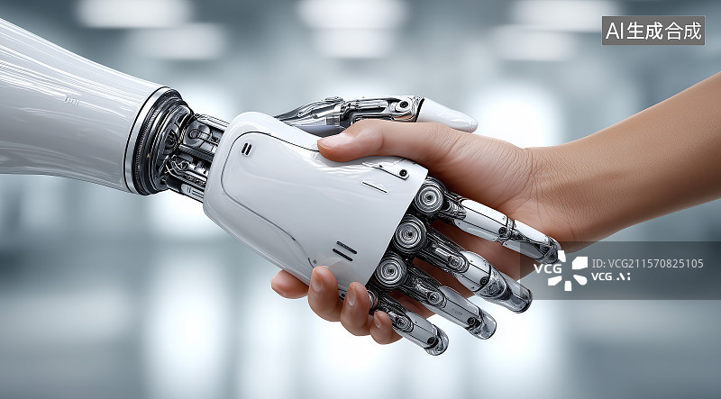 【AI数字艺术】超现实人形机器人在高科技环境中与人类握手，展示先进机器人技术和未来互动的细节精确性。图片素材
