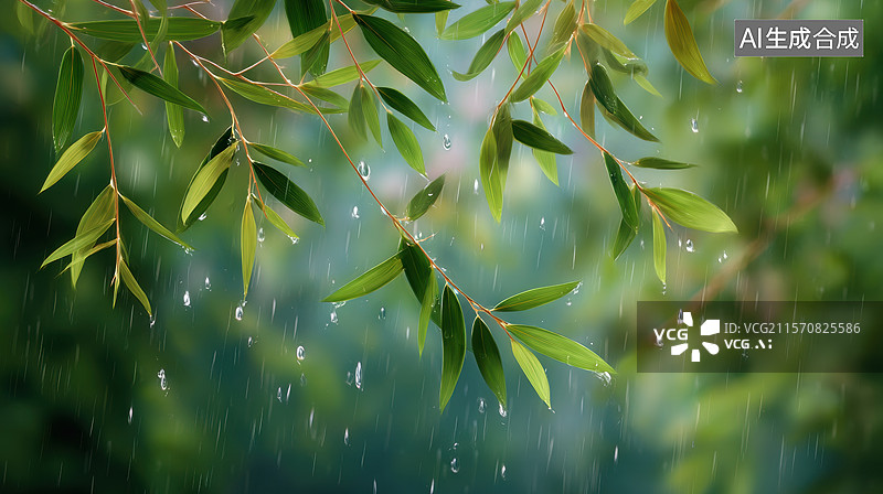 【AI数字艺术】雨滴落在绿叶上图片素材