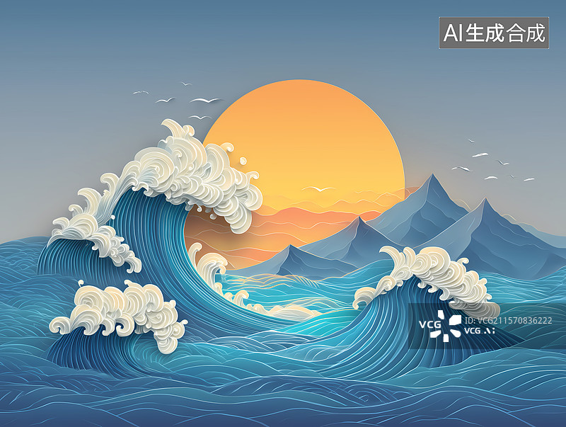 【AI数字艺术】3D卡通山脉海浪夕阳图片素材