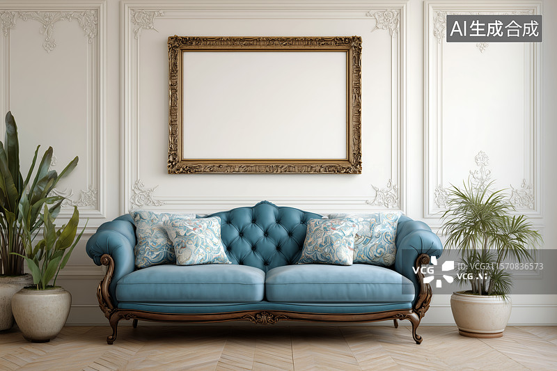【AI数字艺术】客厅沙发和白色相框背景图片素材