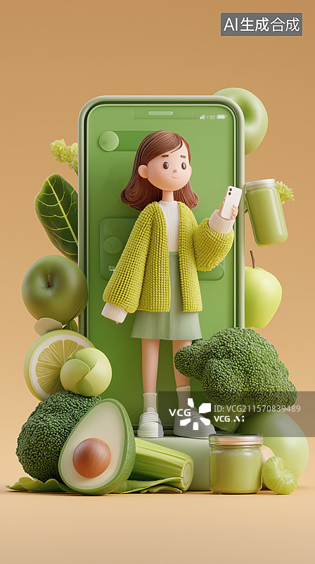 【AI数字艺术】健康饮食卡通女孩图片素材