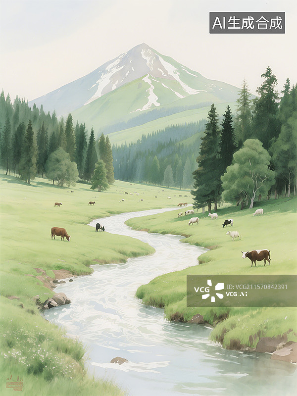 【AI数字艺术】绿草如茵的牧场上，几只牛在悠闲吃草，河流蜿蜒穿过，远处雪山耸立，树木环绕，景色宁静宜人图片素材
