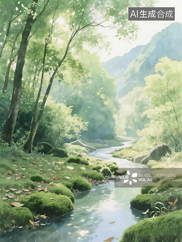 【AI数字艺术】阳光透过树叶洒在蜿蜒溪流上，周围绿树成荫，山峦叠翠，宁静而美丽图片素材