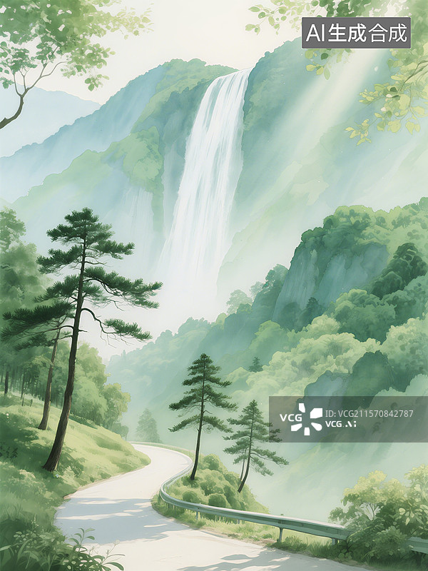 【AI数字艺术】瀑布从高山倾泻而下，周围绿树成荫，阳光透过树叶洒在蜿蜒小路上图片素材