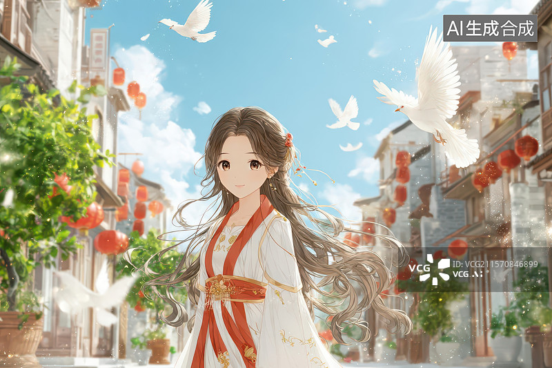 【AI数字艺术】汉服少女与白鸽昼夜双景文化插画图片素材
