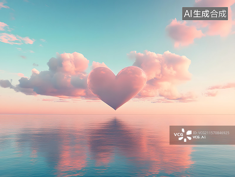 【AI数字艺术】蓝天白云中形成的心形云朵，浪漫唯美，色彩柔和图片素材