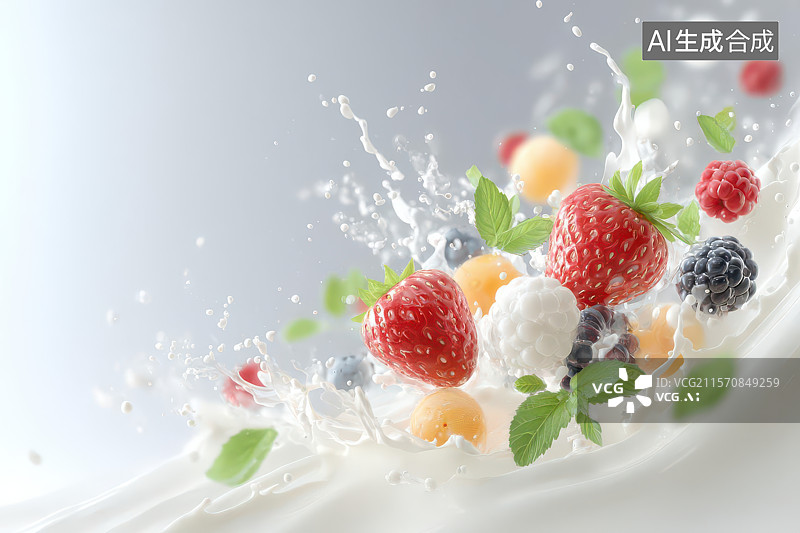 【AI数字艺术】缤纷莓果飞溅牛奶瞬间动态特写图片素材