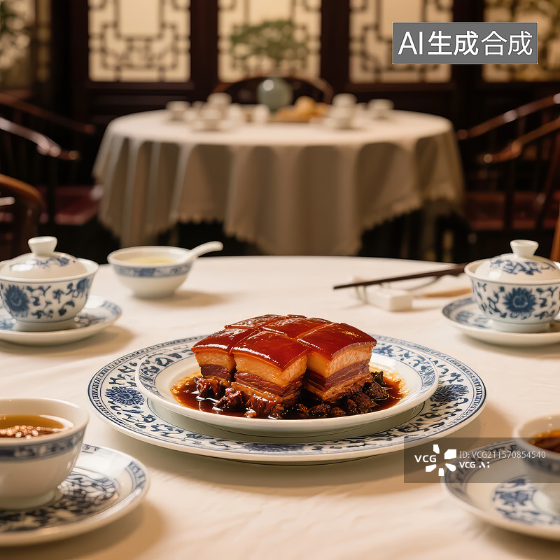 【AI数字艺术】中式餐厅的红烧肉和茶具图片素材